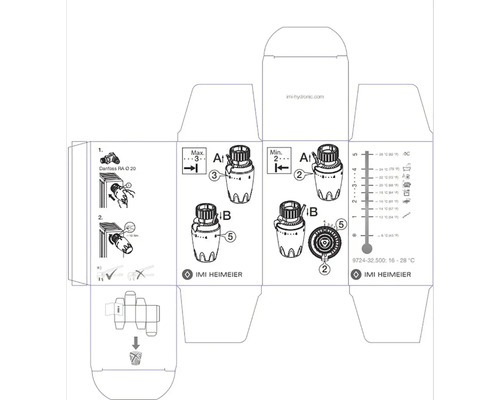 Balení termostatického ventilu IMI Heimeier s montážním návodem a stupnicí teploty