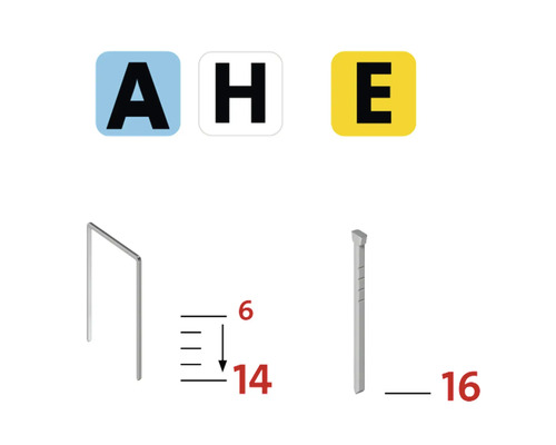 Ilustrační obrázek sponek typu A, H a E s údaji o velikosti