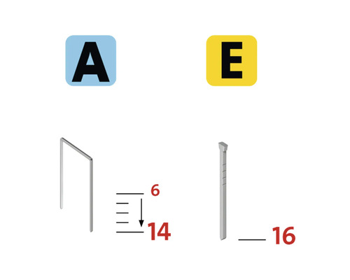 Obrázek sponky typu A a hřebíku typu E s rozměry