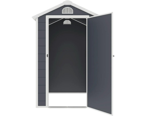 Zahradní skříň s otevřenými dveřmi.