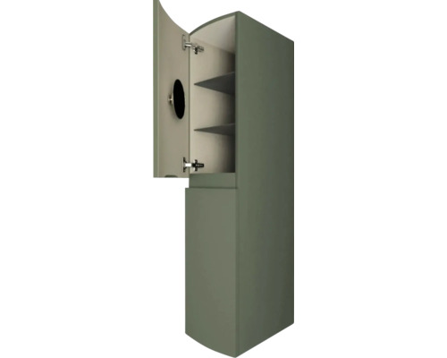 Vysoká skříňka s policemi a dvířky s otvorem pro rukojeť