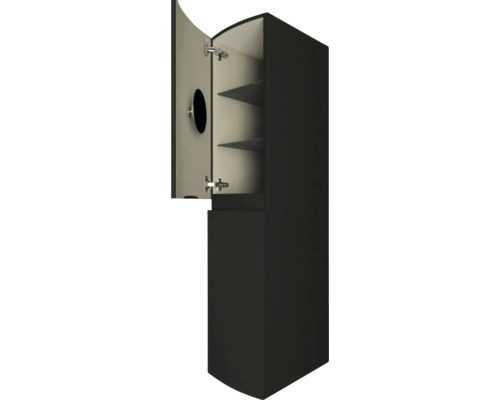 Černá vysoká skříňka s otevřenými dvířky a policemi