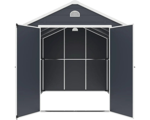 Otevřená zahradní bouda s dvoukřídlými dveřmi pro uložení zahradního nářadí