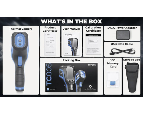 Obsah balení termokamery s certifikátem produktu, uživatelskou příručkou, kalibračním certifikátem, napájecím adaptérem, datovým USB kabelem, paměťovou kartou a úložnou taškou