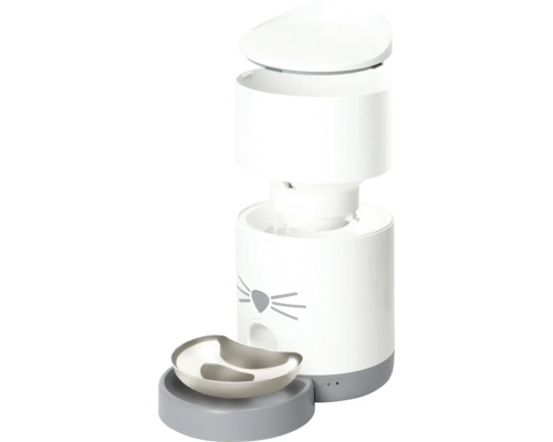 Automatický podavač krmiva pro kočky s kočičím designem a miskou na krmivo.