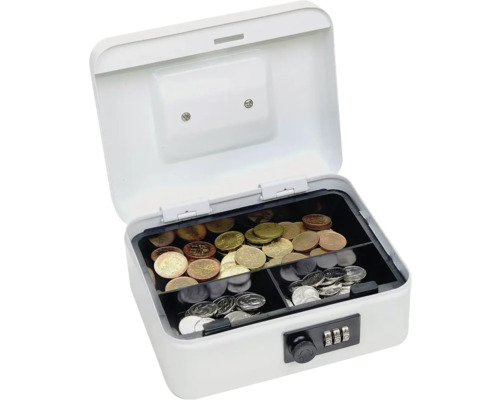 Otevřený bílý trezor s mincemi a číselným zámkem