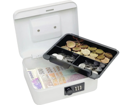 Otevřená bílá pokladnička s bankovkami a mincemi