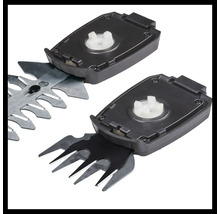 Detailní záběr dvou nástavců na nůžky na trávu a keře