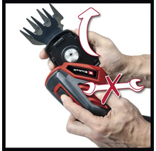 Logo společnosti Einhell. Obrázek nůžek na trávu s odnímatelným řezacím nástavcem. K výměně není potřeba žádné nářadí.