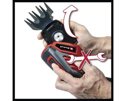 Logo společnosti Einhell. Obrázek nůžek na trávu s odnímatelným řezacím nástavcem. K výměně není potřeba žádné nářadí.