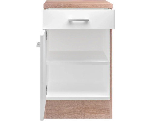 Otevřená spodní koupelnová skříňka se zásuvkou a dvěma policemi