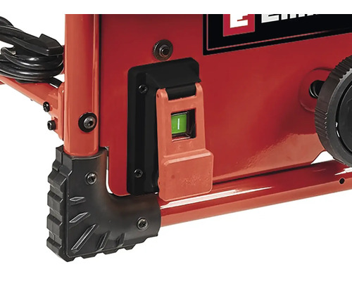 Detailní pohled na stolní pilu Einhell s vypínačem a nohou