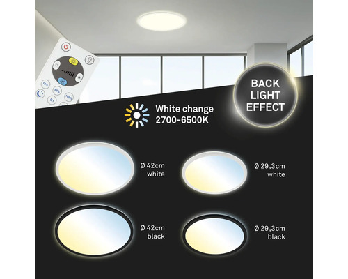 LED stropní svítidlo s dálkovým ovládáním, nastavitelná teplota barev od 2700 do 6500 Kelvinu, efekt podsvícení, průměr 42 centimetrů a 29,3 centimetrů, rám v černé a bílé barvě