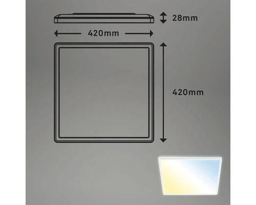 Technický nákres stropního svítidla o rozměrech 420 mm x 420 mm a výšce 28 mm.