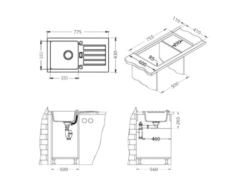 Nákres dřezu s rozměry