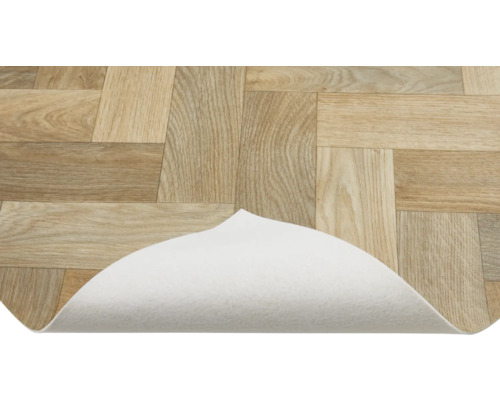 Vinylová podlahová krytina s dřevěným vzhledem a ohnutým rohem pro zobrazení zadní strany
