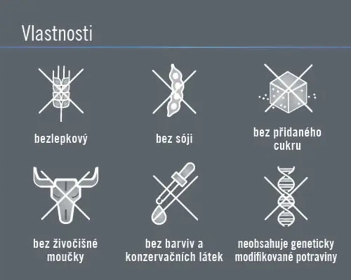 Vlastnosti: Bezlepkový, bez sóji, bez přidaného cukru, bez živočišné moučky, bez barviv a konzervačních látek, neobsahuje geneticky modifikované potraviny