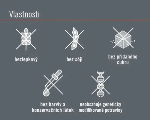 Vlastnosti: bez lepku, bez sóji, bez přidaného cukru, bez barviv a konzervačních látek, neobsahuje geneticky modifikované potraviny
