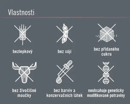 Vlastnosti: bez lepku, bez sóji, bez přidaného cukru, bez živočišné moučky, bez barviv a konzervačních látek, neobsahuje geneticky modifikované potraviny