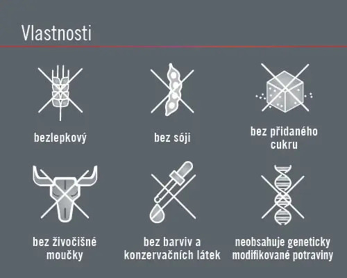 Vlastnosti produktu: bez lepku, bez sóji, bez přidaného cukru, bez živočišné moučky, bez barviv a konzervačních látek, neobsahuje geneticky modifikované potraviny