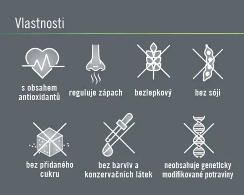 Vlastnosti: Obsahuje antioxidanty, reguluje zápach, bezlepkový, bez sóji, bez přidaného cukru, bez barviv a konzervačních látek, neobsahuje geneticky modifikované potraviny.