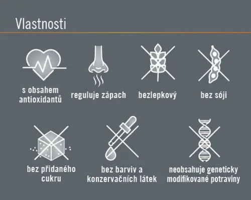Obsahuje antioxidanty, reguluje zápach, bezlepkový, bez sóji, bez přidaného cukru, bez barviv a konzervačních látek, neobsahuje geneticky modifikované potraviny