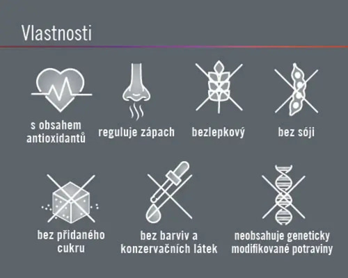 Obsahuje antioxidanty. Reguluje zápach. Bez lepku. Bez sóji. Bez přidaného cukru. Bez barviv a konzervačních látek. Neobsahuje geneticky modifikované potraviny.