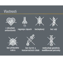Vlastnosti: s obsahem antioxidantů, reguluje zápach, bezlepkový, bez sóji, bez přidaného cukru, bez barviv a konzervačních látek, neobsahuje geneticky modifikované potraviny