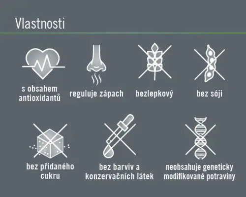 Symboly vlastností produktu: s antioxidanty, reguluje zápach, bez lepku, bez sóji, bez přidaného cukru, bez barviv a konzervačních látek, neobsahuje geneticky modifikované potraviny