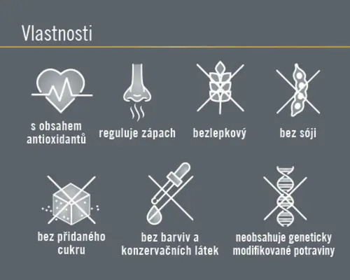 Obsahuje antioxidanty, reguluje zápach, bez lepku, bez sóji, bez přidaného cukru, bez barviv a konzervačních látek, neobsahuje geneticky modifikované potraviny.