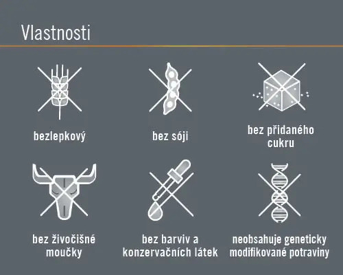 Vlastnosti: bez lepku, bez sóji, bez přidaného cukru, bez živočišné moučky, bez barviv a konzervačních látek, neobsahuje geneticky modifikované potraviny