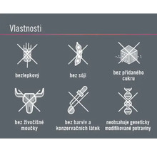 Vlastnosti: bezlepkový, bez sóji, bez přidaného cukru, bez živočišné moučky, bez barviv a konzervačních látek, neobsahuje geneticky modifikované potraviny