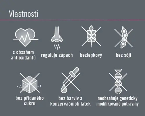 Vlastnosti: Obsahuje antioxidanty, reguluje zápach, bez lepku, bez sóji, bez přidaného cukru, bez barviv a konzervačních látek, neobsahuje geneticky modifikované potraviny