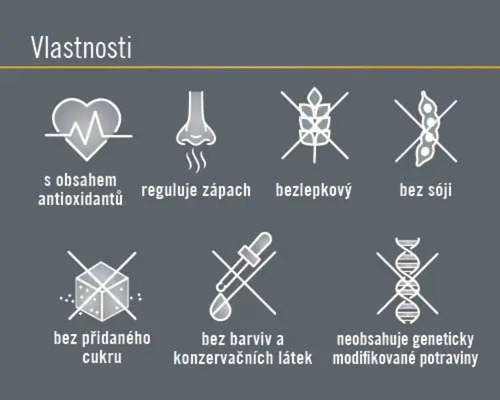 Vlastnosti: Obsahuje antioxidanty, reguluje zápach, bezlepkový, bez sóji, bez přidaného cukru, bez barviv a konzervačních látek, neobsahuje geneticky modifikované potraviny