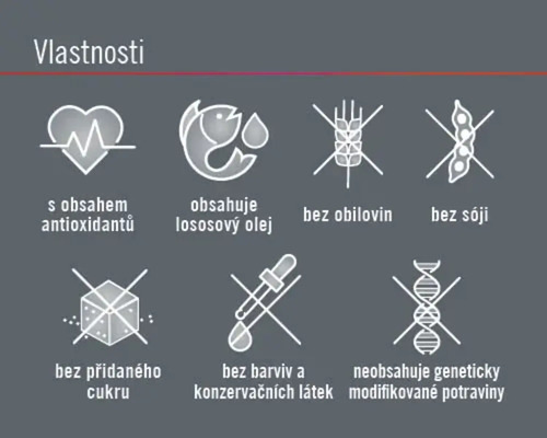 Vlastnosti: obsahuje antioxidanty, lososový olej, bez obilovin, sóji, přidaného cukru, barviv a konzervačních látek, neobsahuje geneticky modifikované potraviny