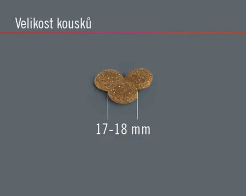 Obrázek velikosti granulí pro psy o průměru 17 až 18 milimetrů