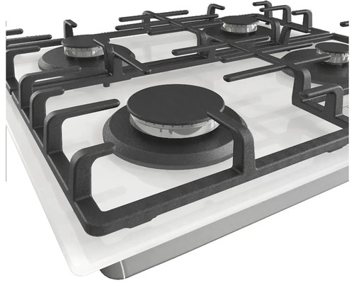 Detailní pohled na plynový sporák s několika hořáky a černým roštem