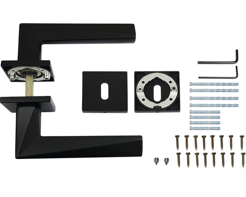 Černá klika dveří s montážním materiálem
