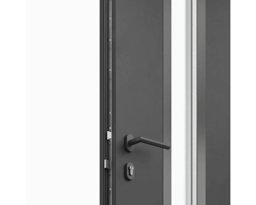 Detailní pohled na vchodové dveře s klikou a zámkem