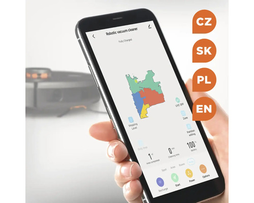 Zobrazen je smartphone s aplikací pro robotický vysavač.