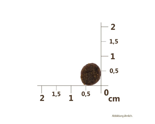 Jeden kus suchého krmiva pro psy s údaji v centimetrech