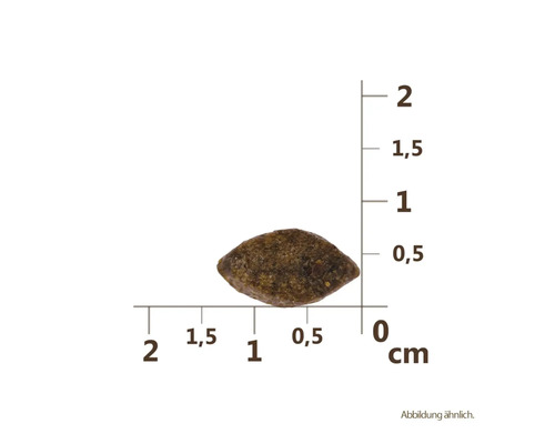Jeden kus suchého krmiva s udáním velikosti v centimetrech
