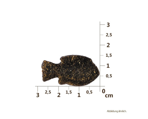 Jeden kousek suchého krmiva ve tvaru ryby s rozměry v centimetrech