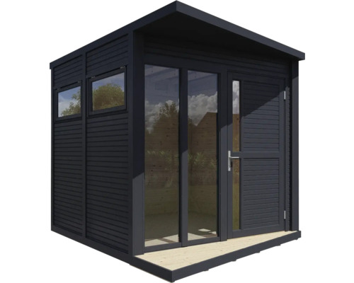 Zahradní domek s okny a dveřmi na dřevěné terase