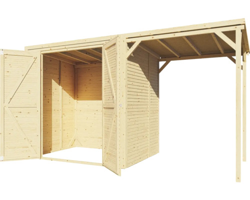 Dřevěný zahradní domek s otevřenými dvoukřídlými dveřmi a přístřeškem