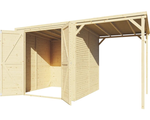 Dřevěný zahradní domek s dvoukřídlými dveřmi a krytou terasou