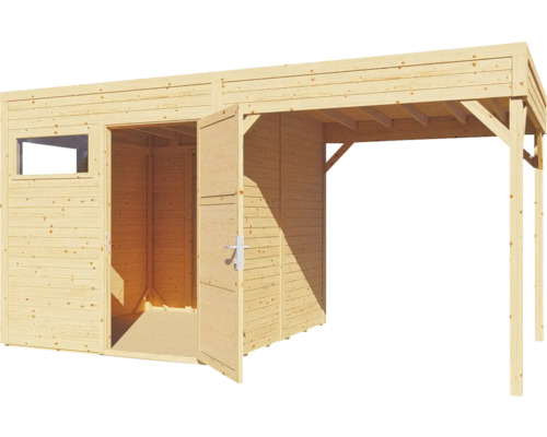 Dřevěný zahradní domek s dvoukřídlými dveřmi a stříškou