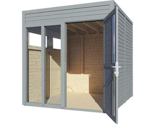 Moderní zahradní domek s posuvnými dveřmi a dvoukřídlými dveřmi ze dřeva