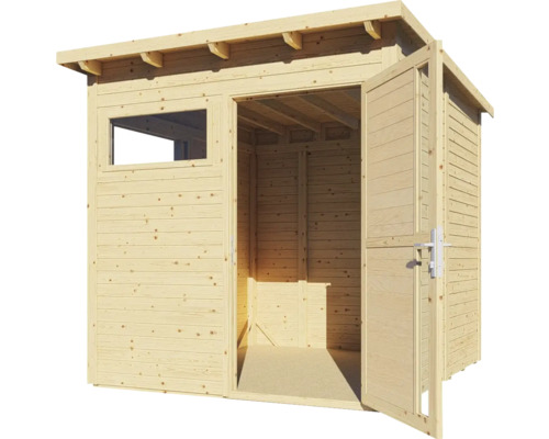 Dřevěný zahradní domek s oknem a otevřenými dvoukřídlými dveřmi