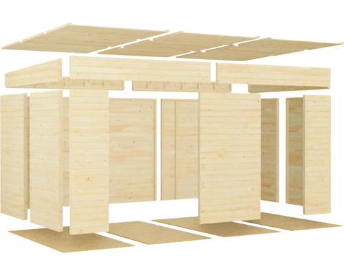 Rozkreslený pohled dřevěného zahradního domku se střešními prvky, stěnovými prvky a podlahovými prvky